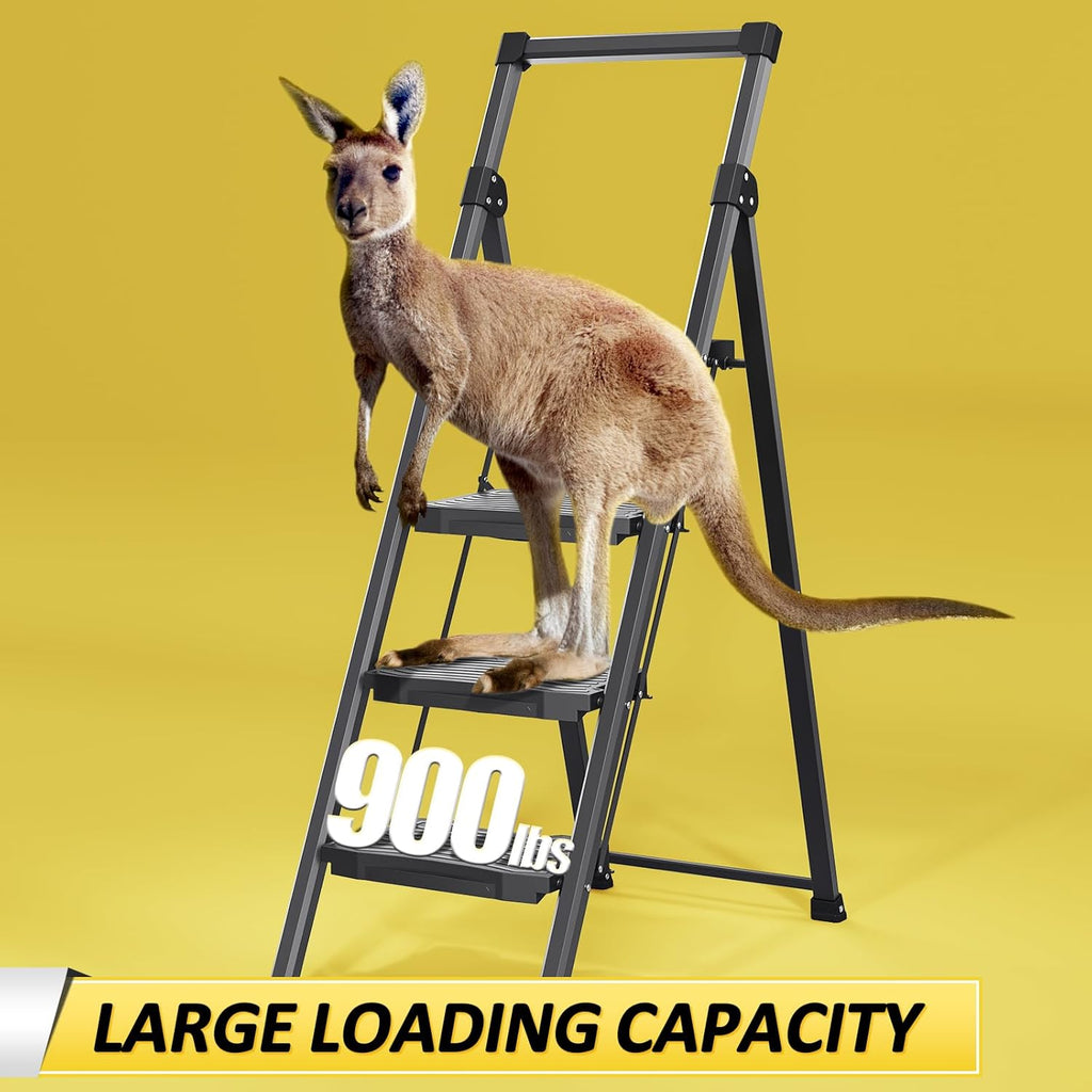 Step Ladder 4 Step Folding, 900lbs 4 Step Ladder with Anti-Slip Wide Pedal and Handrails, Lightwight Household