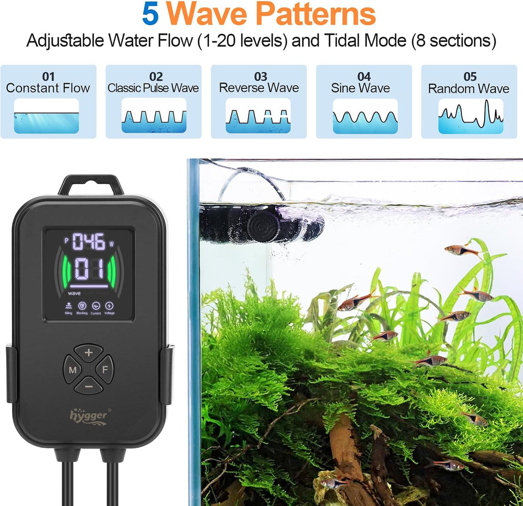 Aquarium Crossflow Wave Maker, Adjustable Direction & Flow Gyre Wavemaker 5 Wave Modes & Tidal Mode Magnetic
