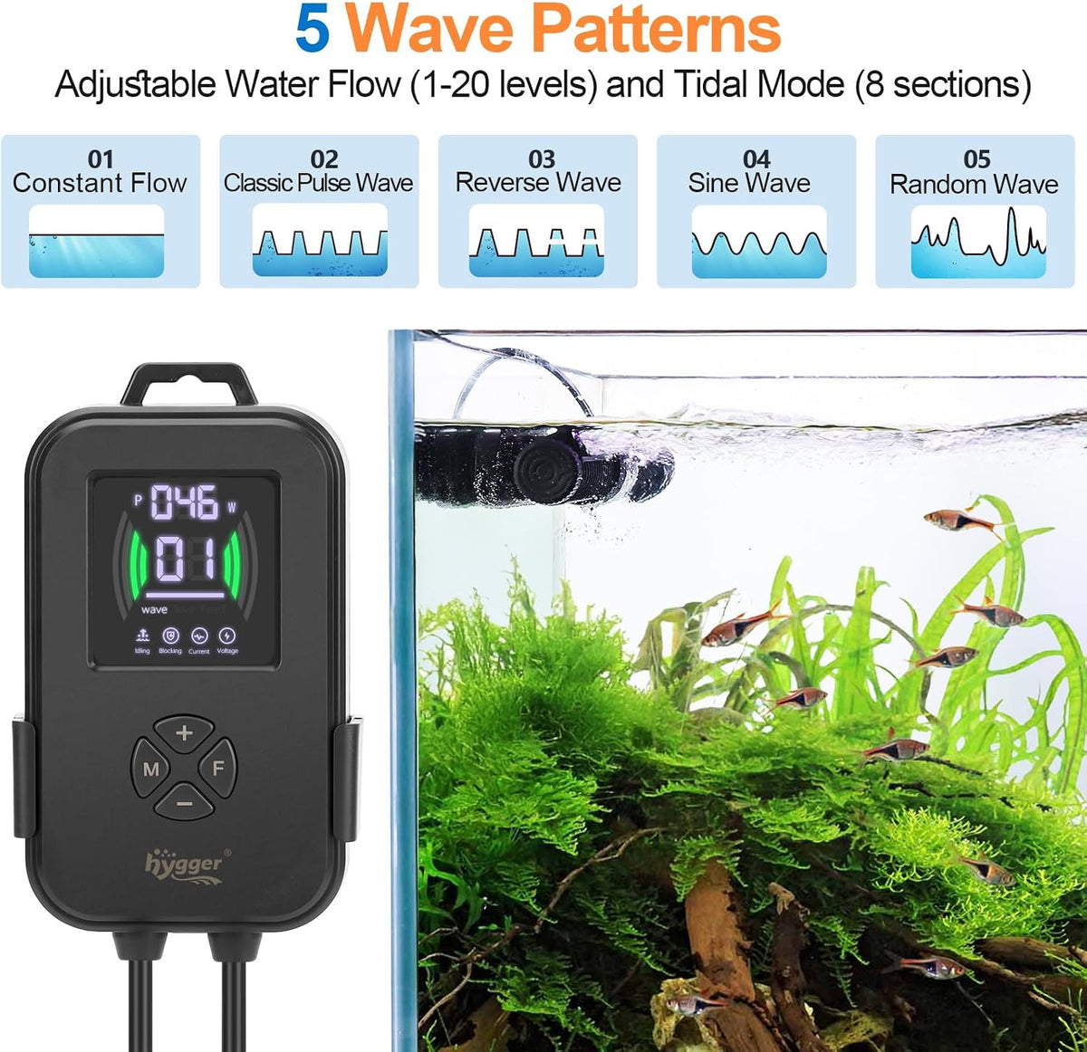 Aquarium Crossflow Wave Maker, Adjustable Direction & Flow Gyre Wavemaker 5 Wave Modes & Tidal Mode Magnetic
