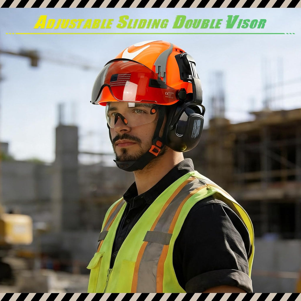 Hard Hat with Dual Visor and Hearing Protection-OSHA Approved Construction Hard Hats with Visor Sunglasses Earmuffs