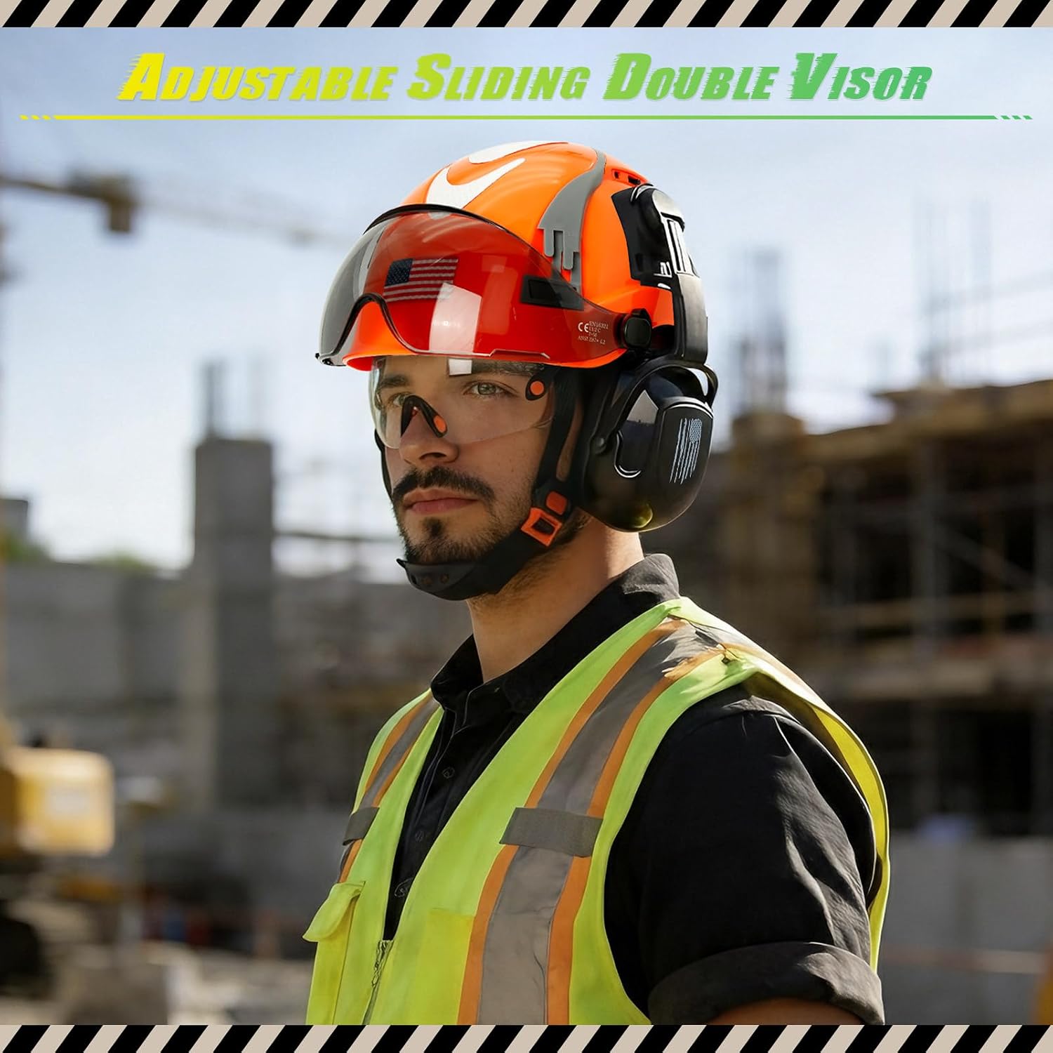 Hard Hat with Dual Visor and Hearing Protection-OSHA Approved Construction Hard Hats with Visor Sunglasses Earmuffs