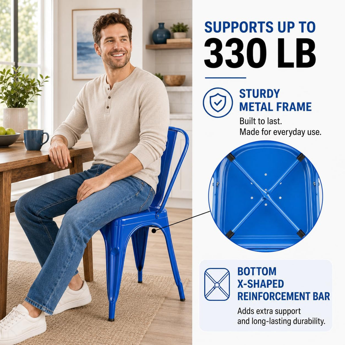 Modern Glossy Sapphire Blue Metal Dining Chairs, Set of 6