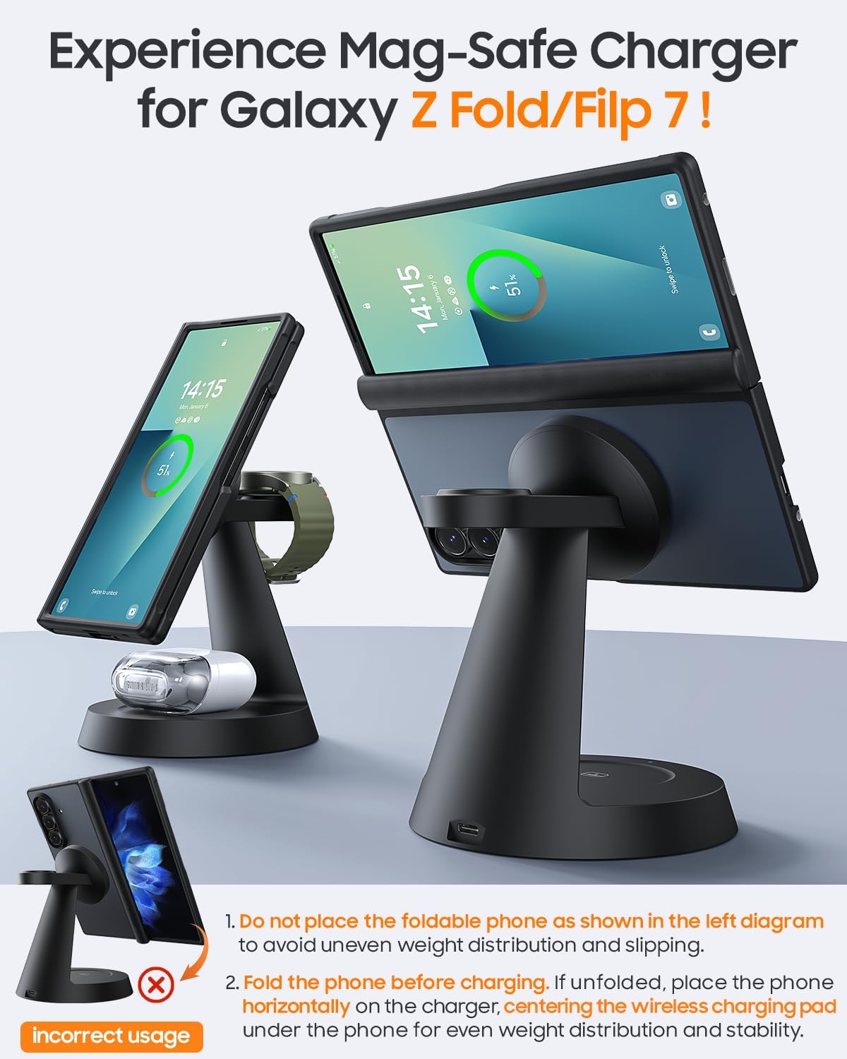 Magnetic Wireless Charger for Samsung, 3 in 1 Charging Station Compatible with MagSafe Samsung Charger for Galaxy S26