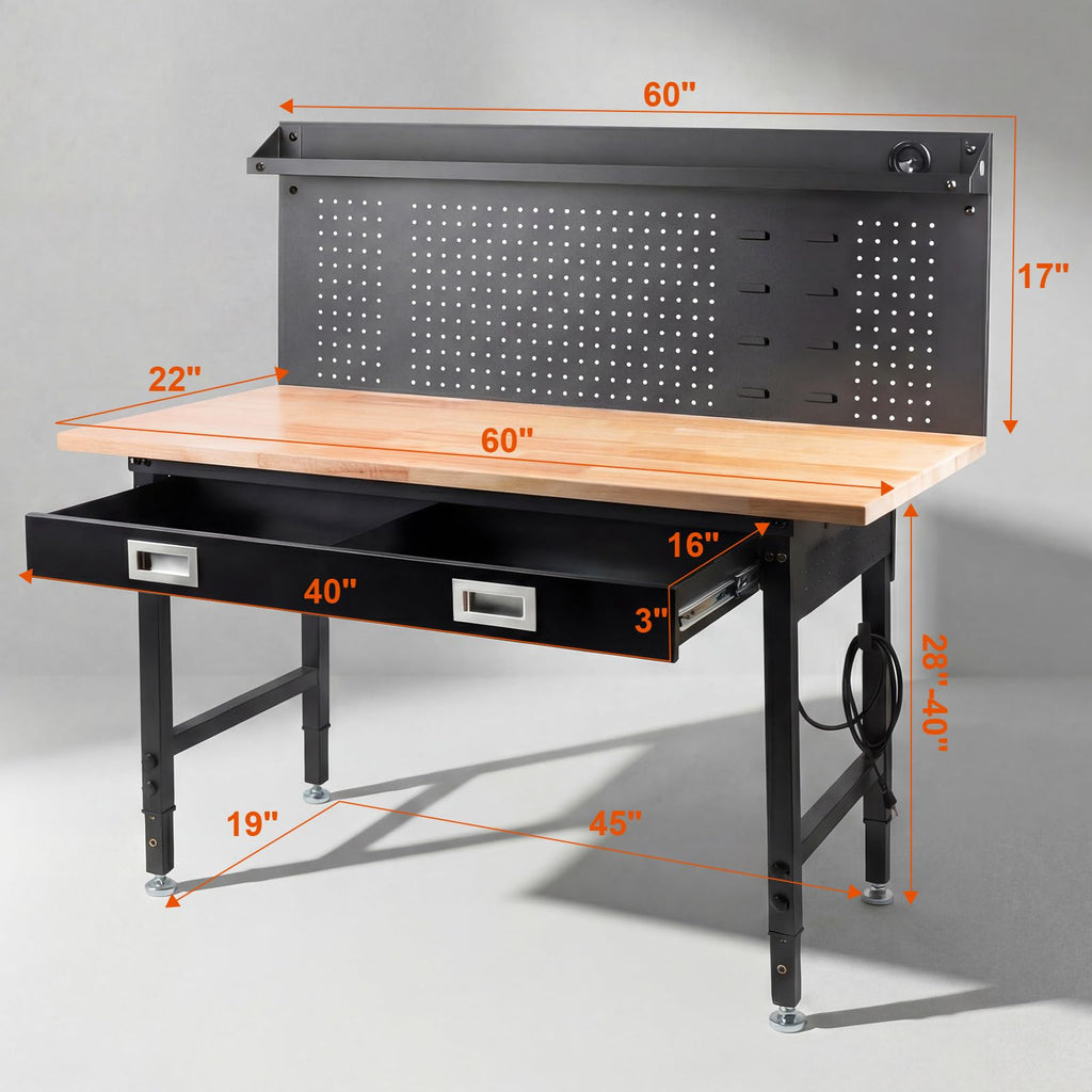 60" Adjustable Work Bench with Drawers, Workbench for Garage with Strip Light, Work Table with Large Pegboard, 2000