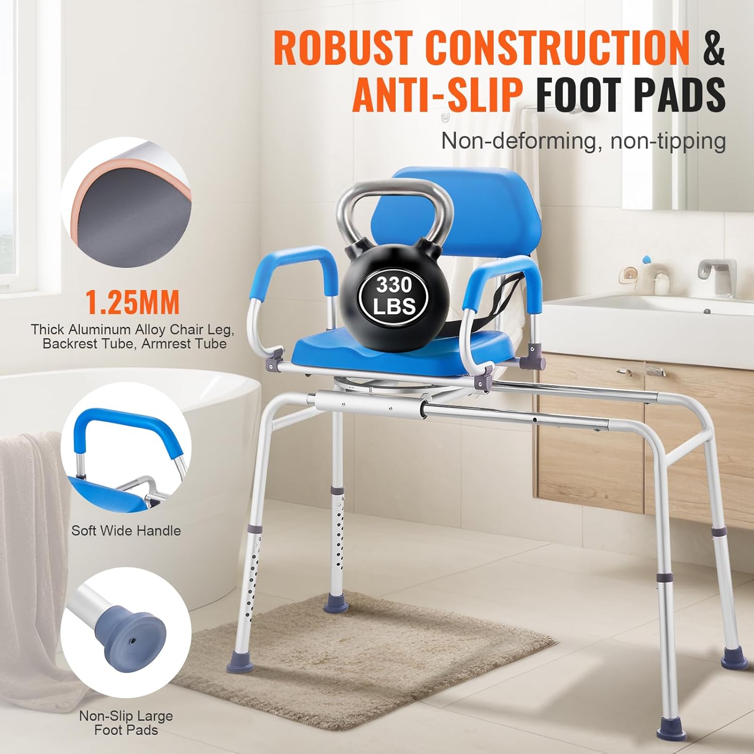 Sliding Tub Transfer Bench with 360 Degree Swivel Seat, Sliding Shower Chair with Pivoting Armrest & Padded Seat and