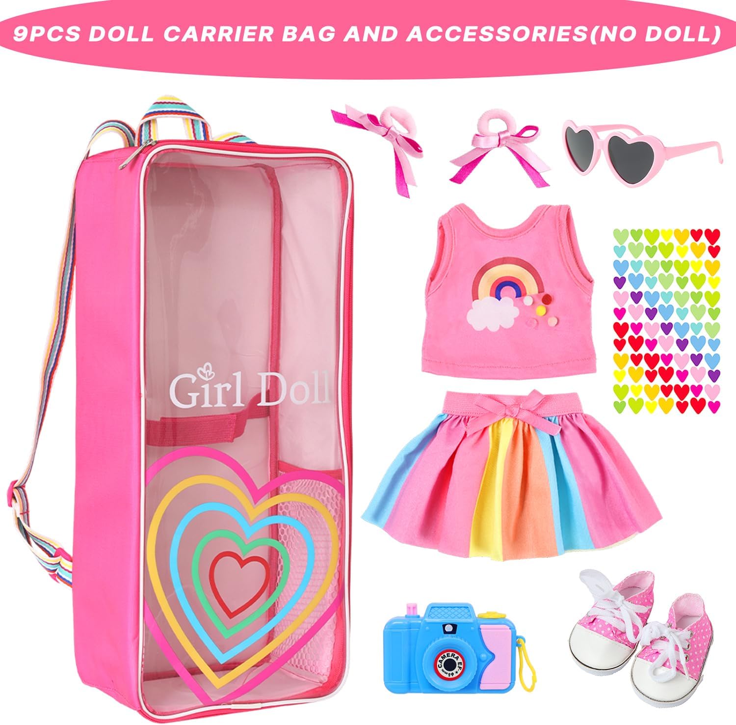 18" Girl Doll Carrier Backpack Rainbow Heart Style Playset, 9-Piece Accessory Collection with Bag, Hair Bows