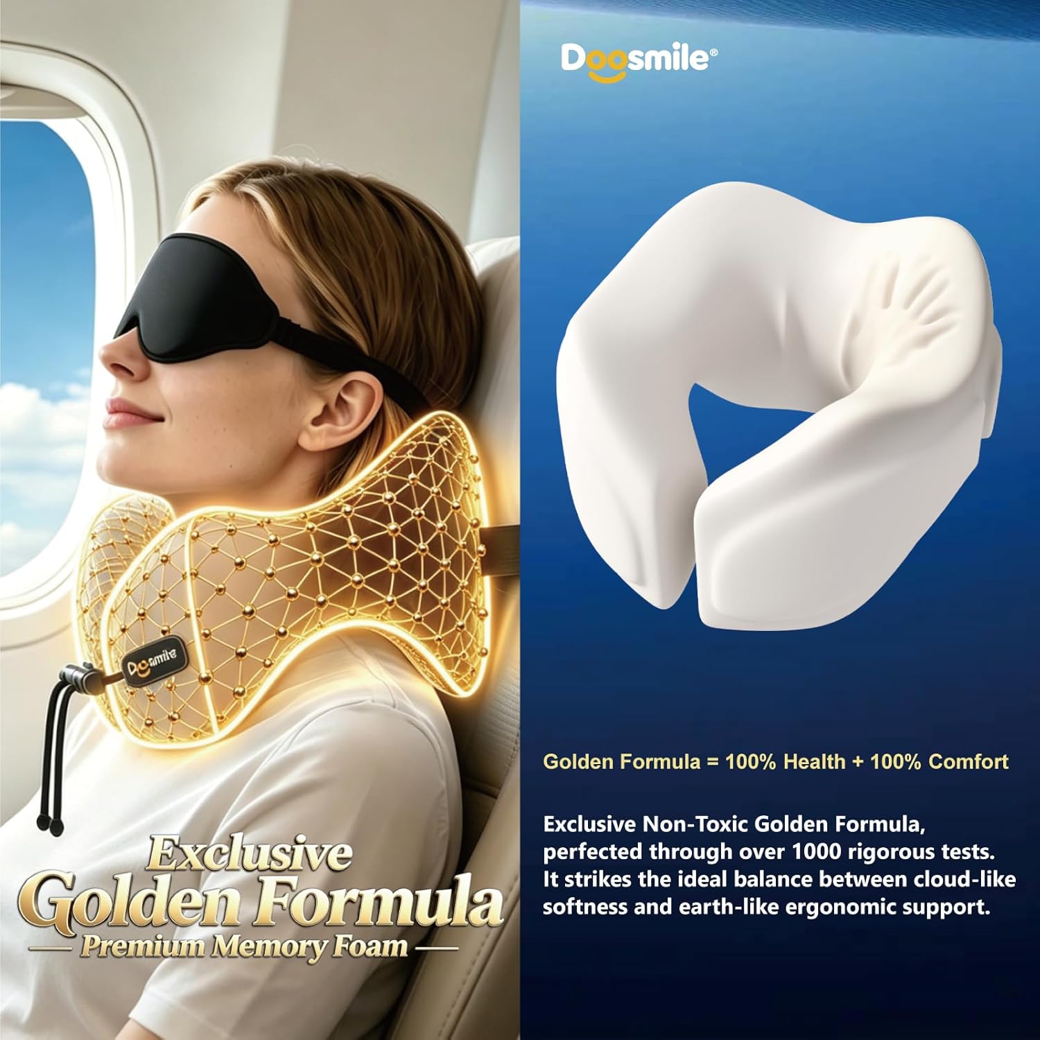 Patented Head-Bobble-preventing Ergonomic 360° Supporting Golden Formula Memory Foam Travel Neck Pillow w/3D