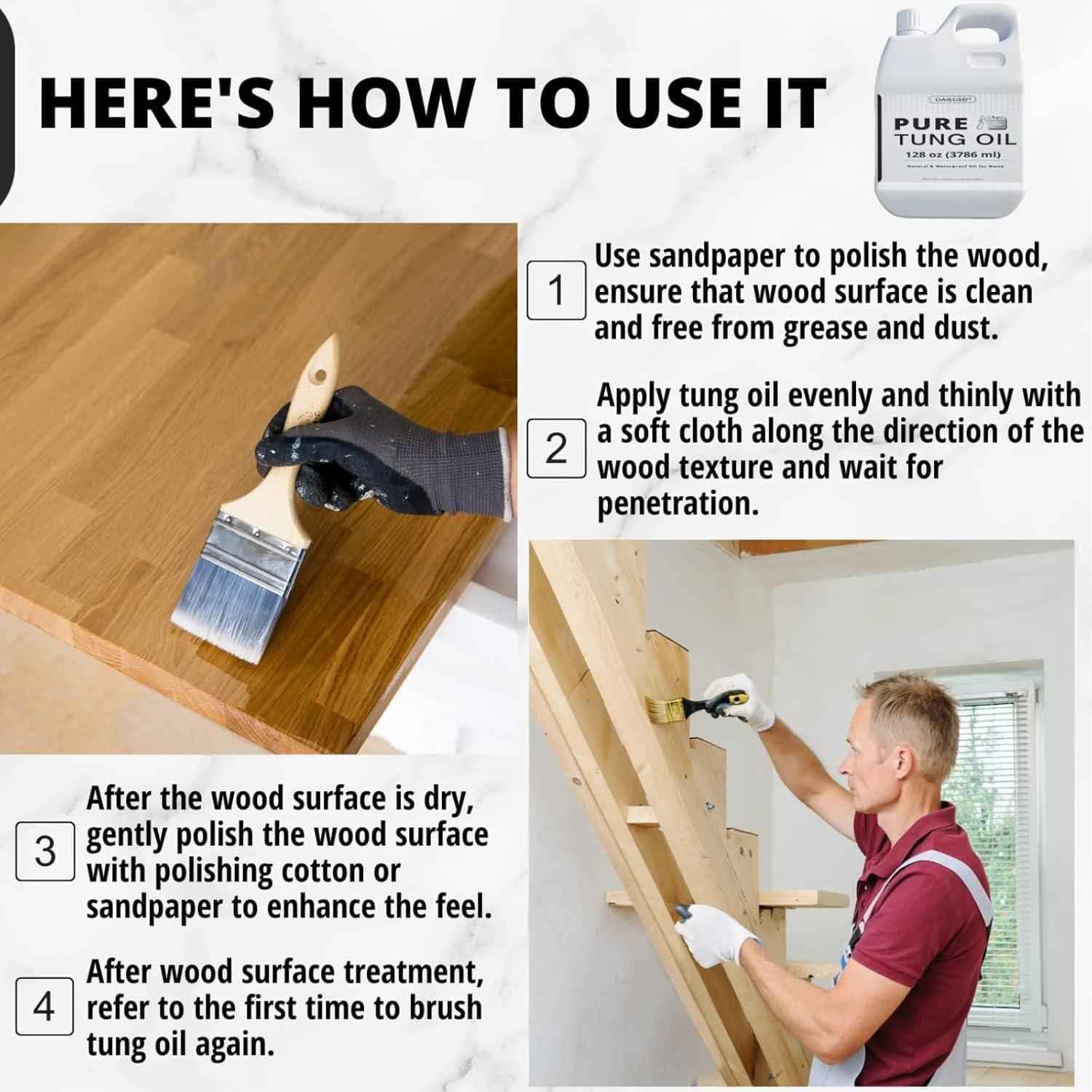 100% Pure Tung Oil 32oz, Wood Finish for Indoor Outdoor with Brush | Waterproof, Penetrates & Protects & Enhances