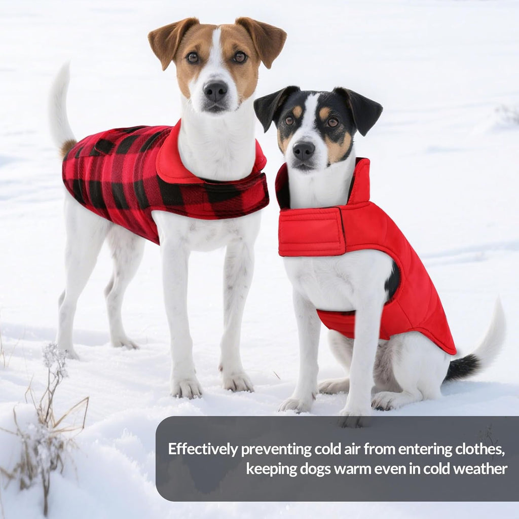 Dog Winter Coat, Fleece Doggie Jacket Plaid Reversible Vest Waterproof Windproof Cold Weather Clothes for Small