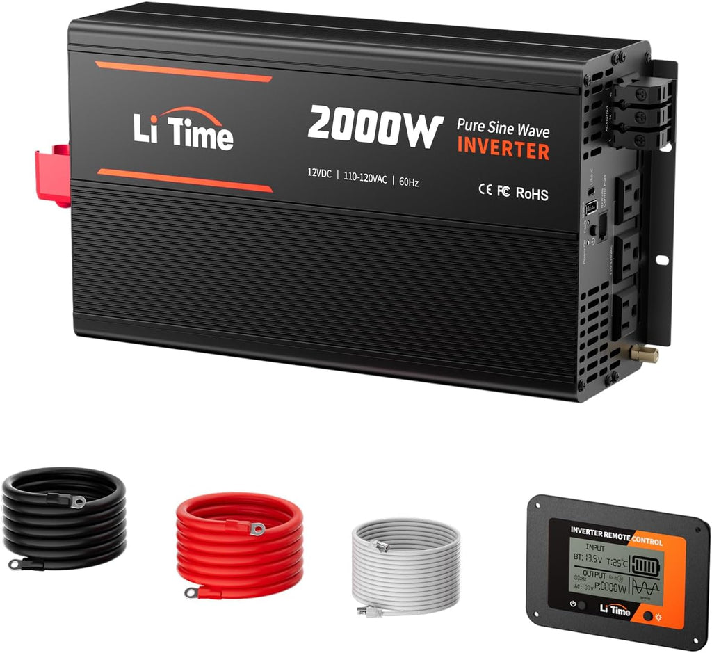 2000W Pure Sine Wave Power Inverter, 12V DC to 120V AC for Off-Grid | 4000W Surge Power, LCD Remote Control with 4 AC