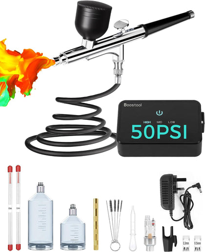 50 PSI Airbrush Kit with Air Compressor, High Pressure Portable Air Brush Gun with 0.2/0.3/0.5mm Nozzle/Cleaning