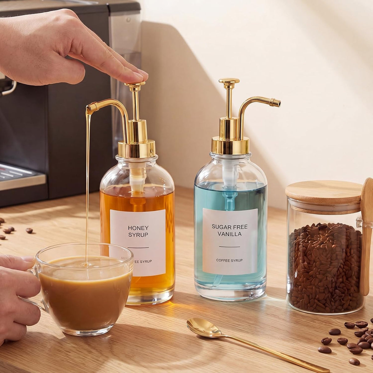 8 Pcs Syrup Dispenser and Glass Jar, Gold Pump Bamboo Lid