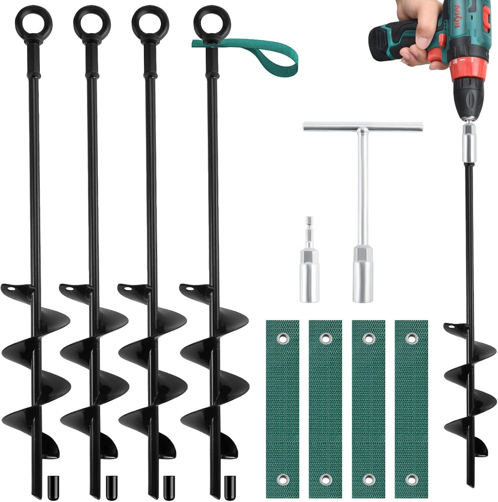 18-Inch Ground Anchors Screw in Heavy Duty, 4 Pack Shed Anchor Kit with Wrenches and Straps, High Wind Trampoline