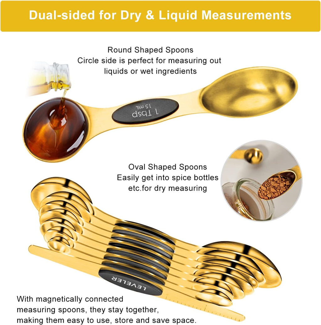 Gold Measuring Cups and Spoons Set of 15, 18/8 Stainless Steel, Includes 7 Nesting Metal Measuring Cups,8 Magnetic