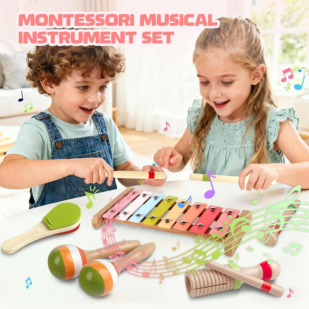 Baby Musical Instruments - Montessori Wooden Toys for Toddlers Sensory Play | Xylophone Maracas Tambourine Percussion