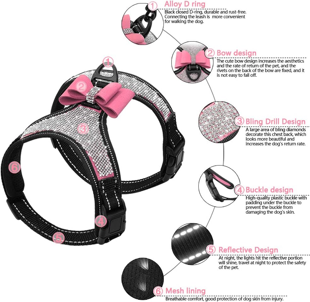 Rhinestone Dog Harness with Sparkly Bow Tie, Pink,S,Chest 11-14"