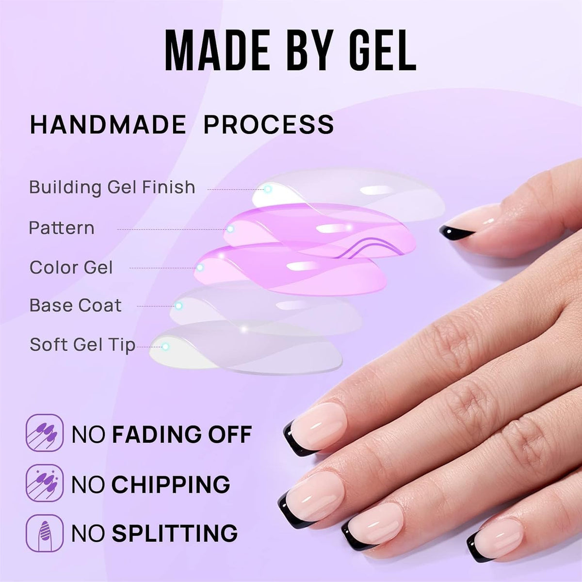 Press On Nails, French Tip Short Square Nails, 32Pcs Full Kit