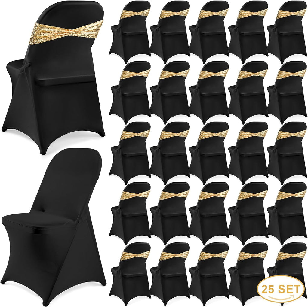 50 Pcs Spandex Folding Chair Cover with Sashes Set, Black, Gold