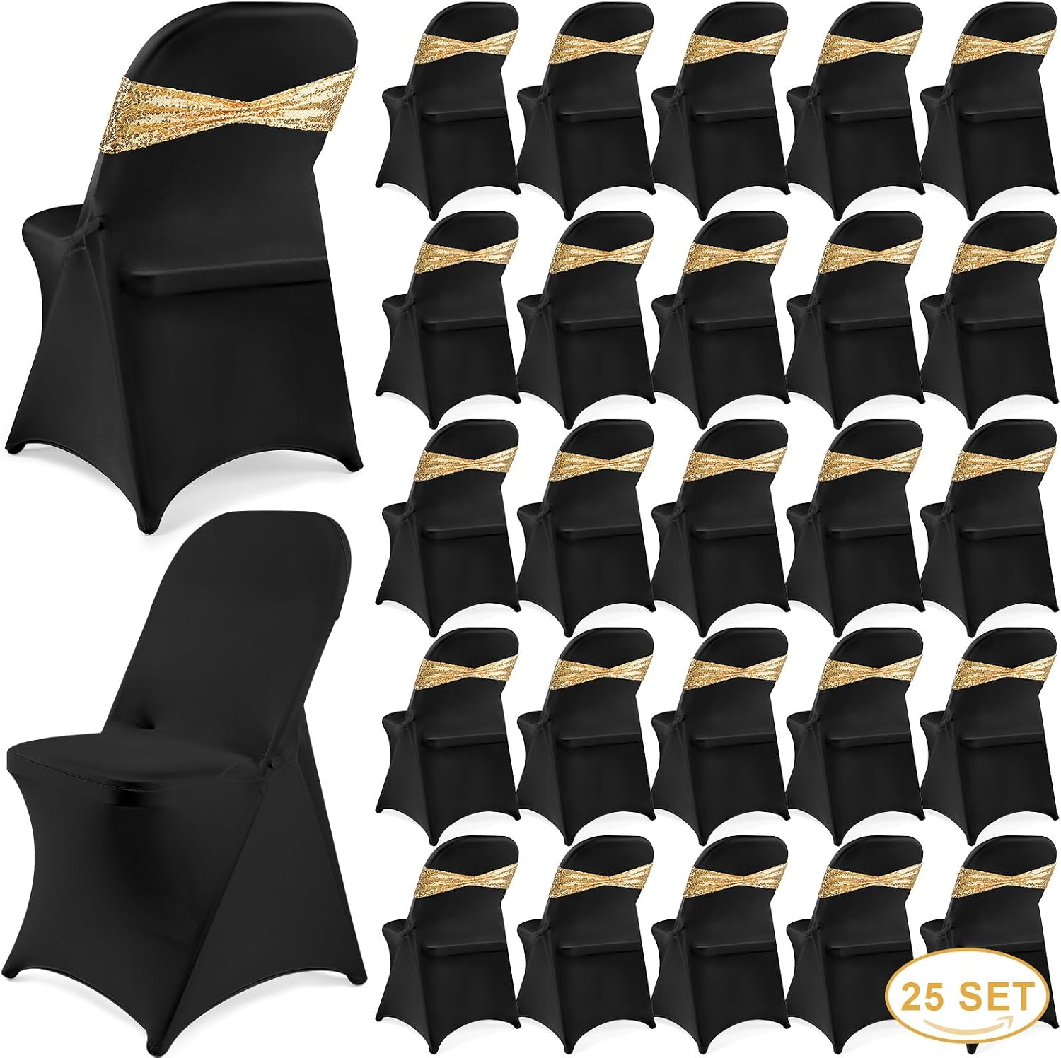 50 Pcs Spandex Folding Chair Cover with Sashes Set, Black, Gold