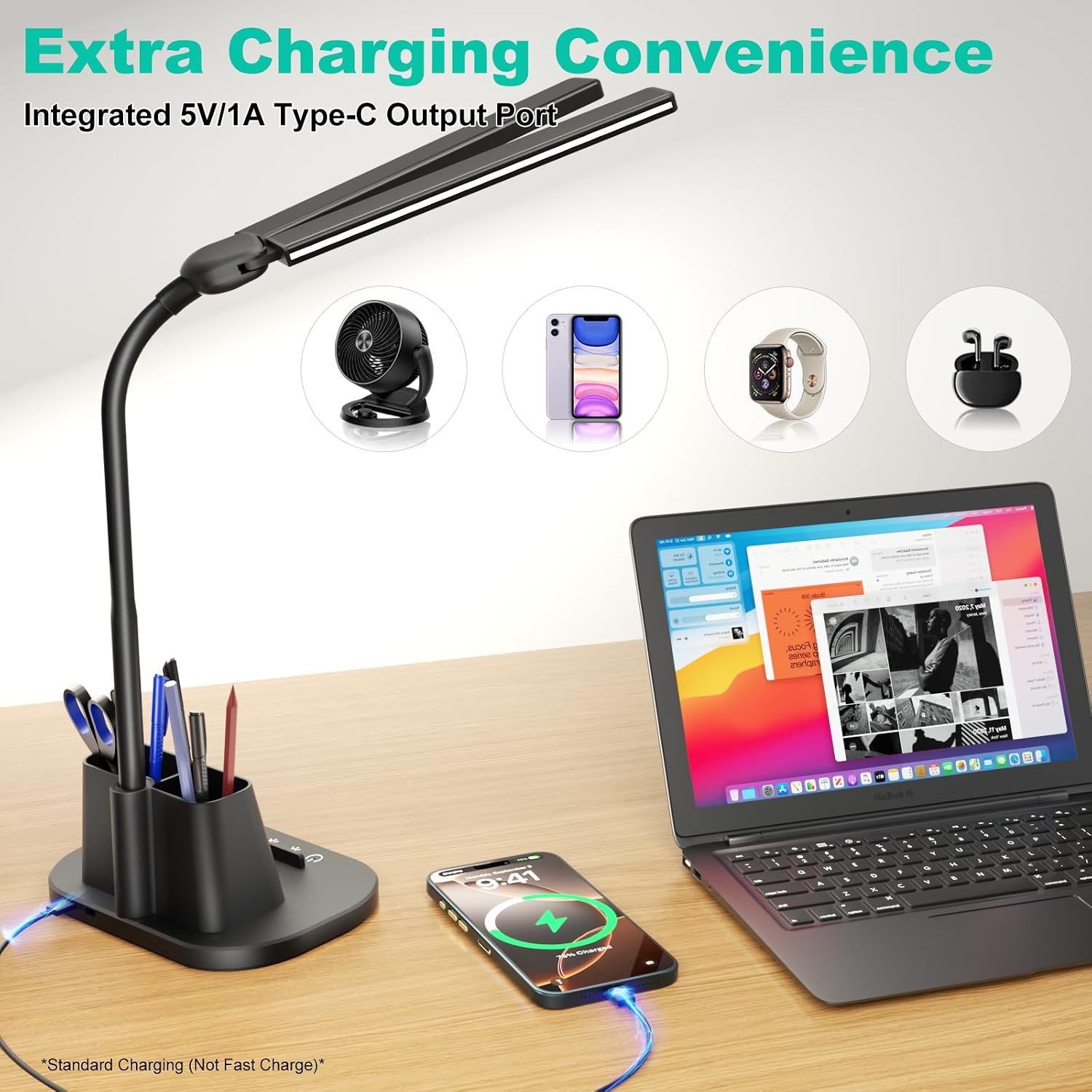 Desk Lamp with USB-C Charging Port and Organizer Base, LED Desk Light with Pen Holder, Phone Stand, 25 Lighting