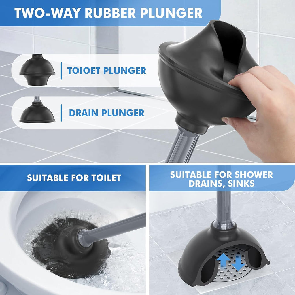 Toilet Plunger and Brush with Holder, Bowl Brush and Heavy Duty Toilet Plunger Set with Ventilated Holder, 2-in-1