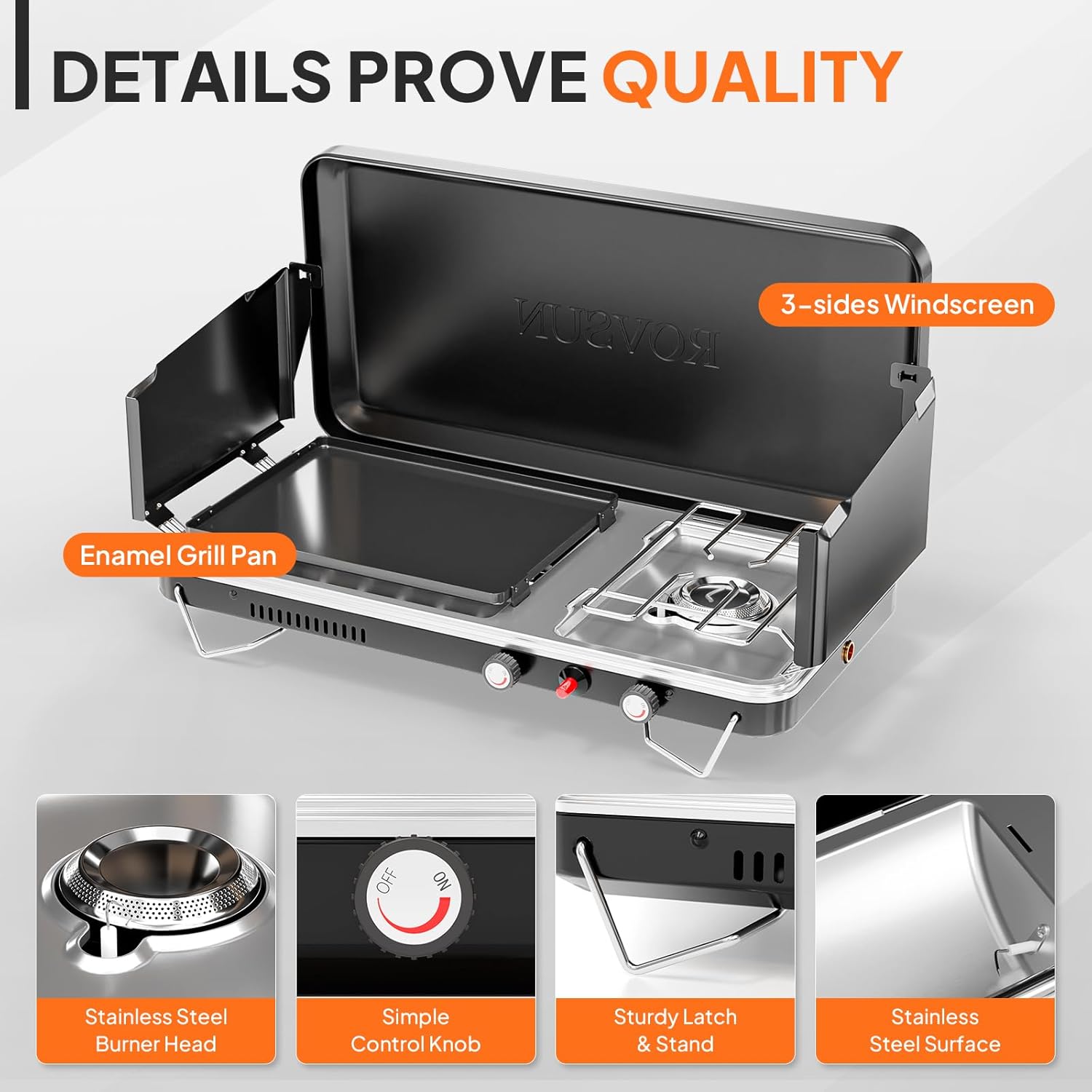 2-in-1 Portable Camping Stove & Propane Grill with Enamel Griddle & Piezo Igniter, Tabletop Camp Stove with Built-in