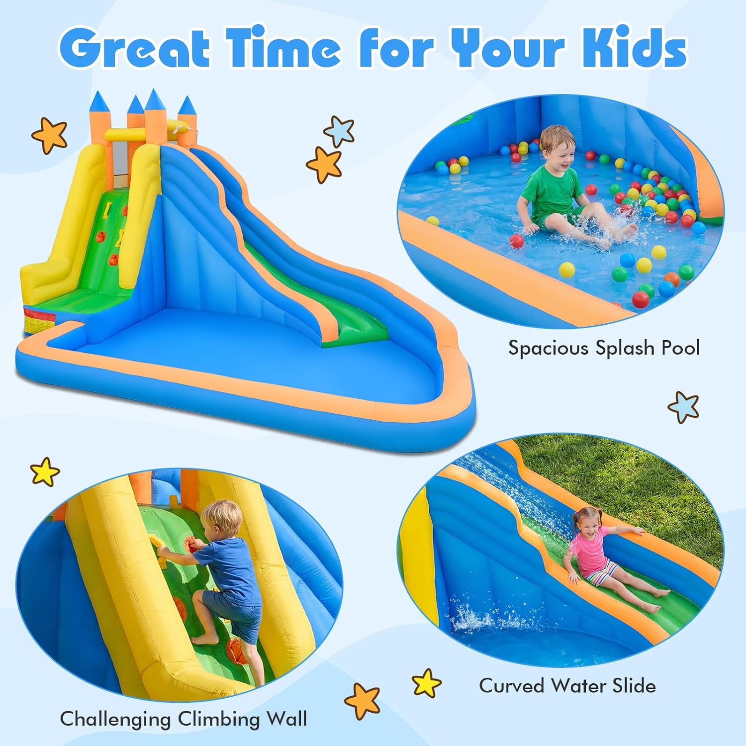 Inflatable Water Slide, Giant Bouncy Water Park Jump Castle Waterslide for Kids Backyard Outdoor Fun with Climbing