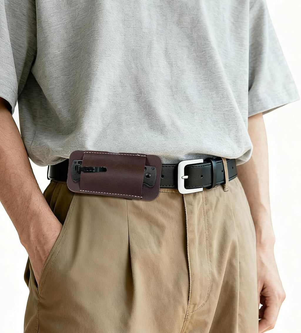 Leather Knife Sheath for Belt, Horizontal Carry Pocket Knife Holder, EDC Belt Pouch for Pocket Folding Knives, Darkbrown