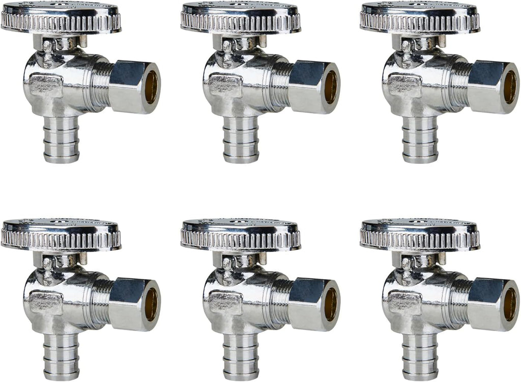 6-Pack Angle Stop Valve, 1/2" PEX x 3/8" OD Compression, 1/4 Turn | Brass, 1/2 inch PEX Shut Off Valves, Chrome Plated