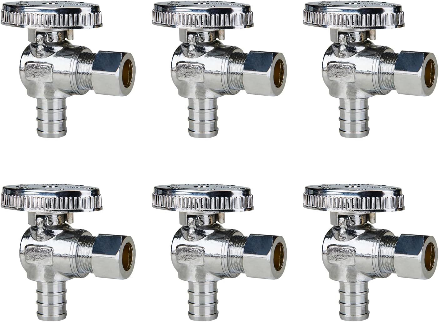 6-Pack Angle Stop Valve, 1/2" PEX x 3/8" OD Compression, 1/4 Turn | Brass, 1/2 inch PEX Shut Off Valves, Chrome Plated
