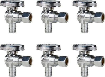 6-Pack Angle Stop Valve, 1/2" PEX x 3/8" OD Compression, 1/4 Turn | Brass, 1/2 inch PEX Shut Off Valves, Chrome Plated