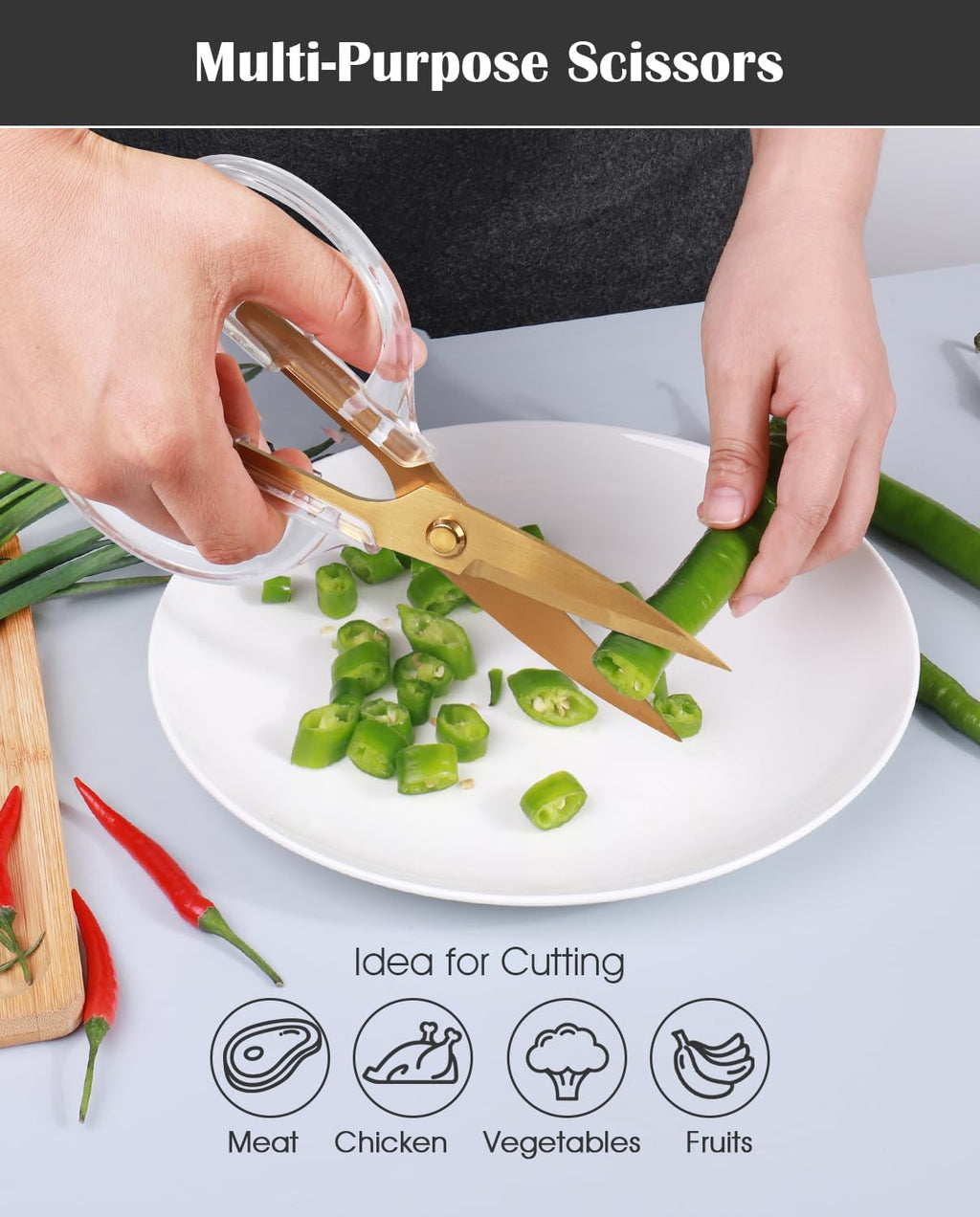 Kitchen Shears Scissors, ARCHIKING 7.7inch Gold Titanium Plated Scissor-Meat and Poultry Shears, Dishwasher Safe