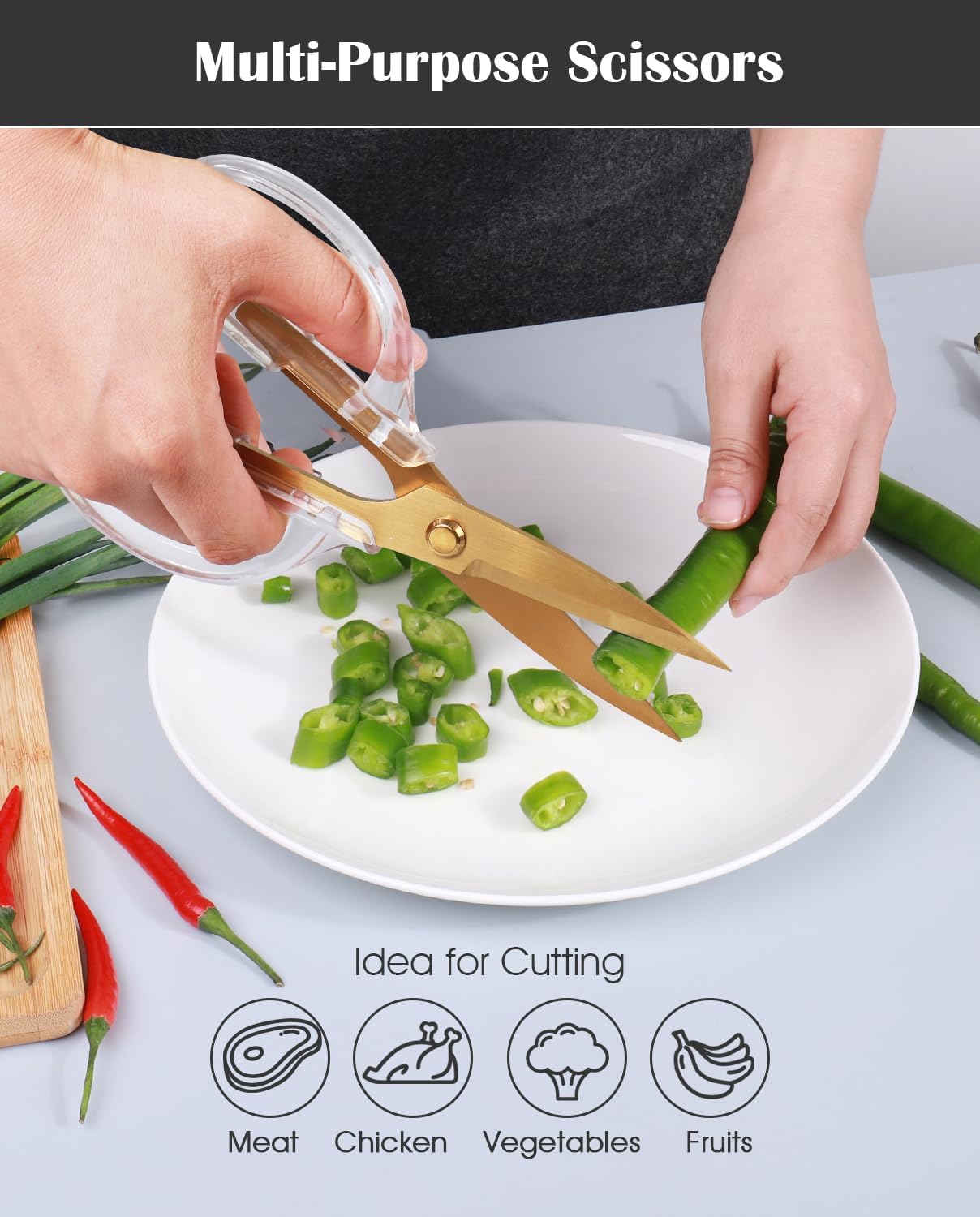 Kitchen Shears Scissors, ARCHIKING 7.7inch Gold Titanium Plated Scissor-Meat and Poultry Shears, Dishwasher Safe