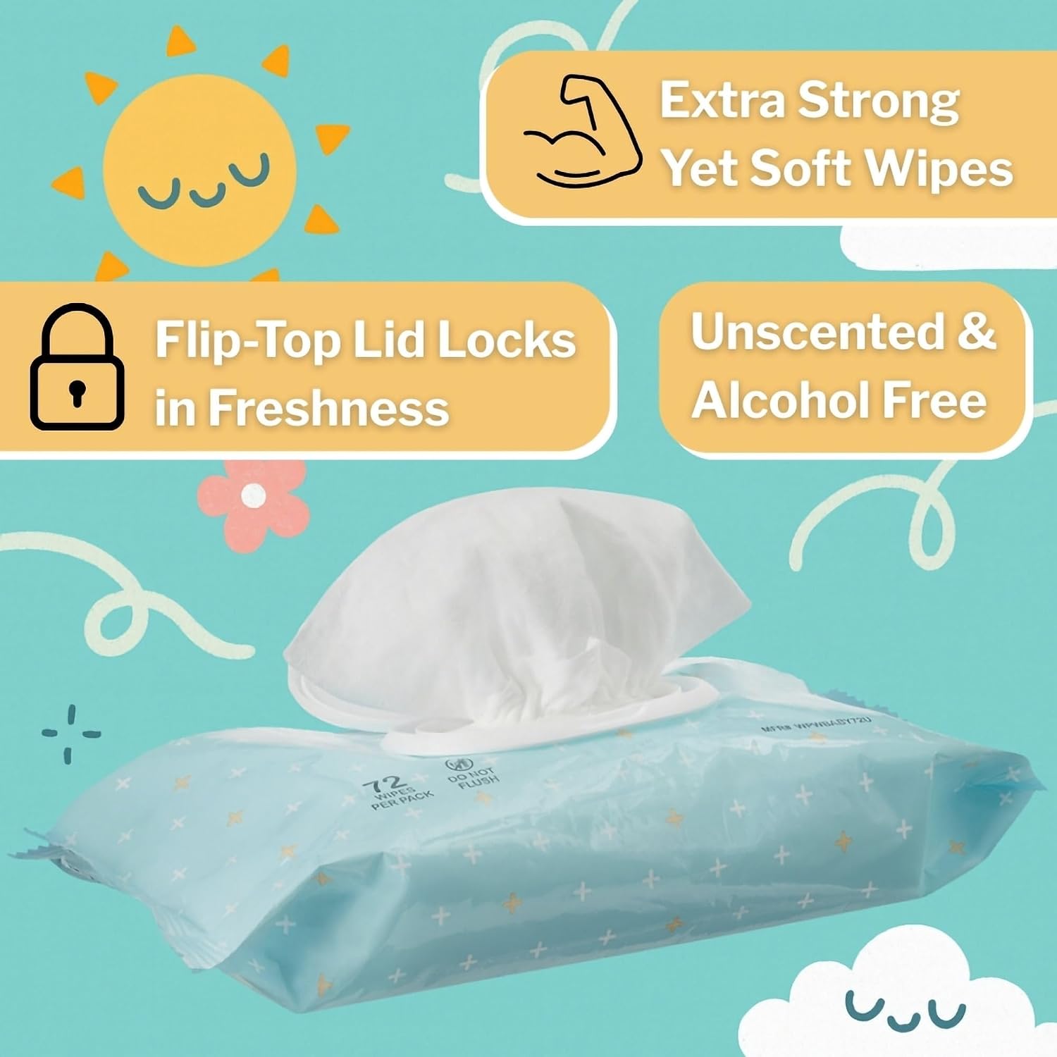 Baby Wipe with Aloe and Vitamin, 6.8 x 7 in, 72 Wipes, 72 per Pack | 99% Water, Flip-Top Lid, Alcohol-Free