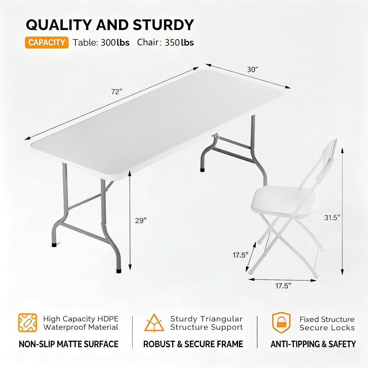 6FT Plastic Folding Table Set with 6 White Folding Chairs, Portable Heavy Duty Table and Chair Set for Picnic, Party