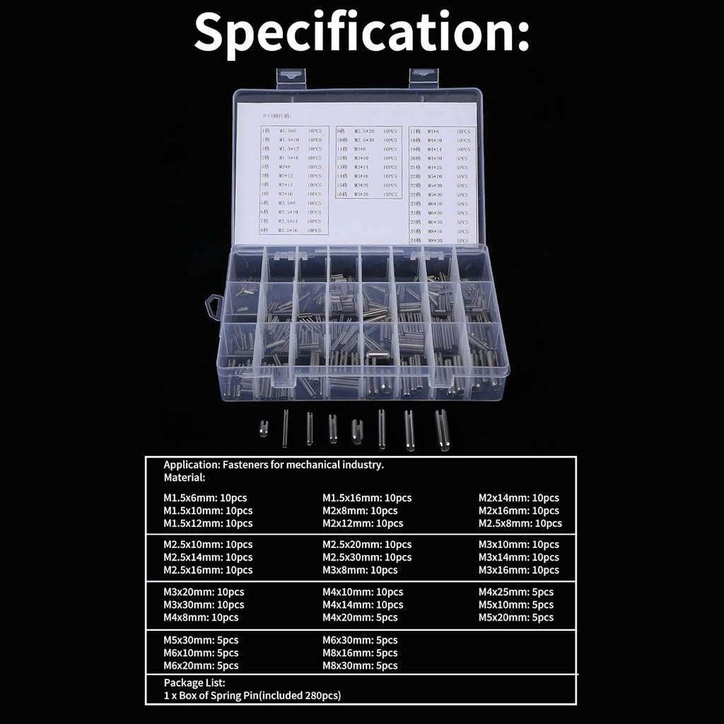 Slotted Spring Pins, 280-Piece M1.5-M8, 304 Stainless Steel