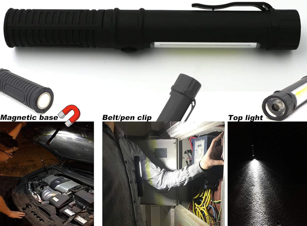 COB LED Work Flashlight with Magnetic Base and Clip Multi-Function Pocket Pen Light Inspection Work Light, 4 PCS