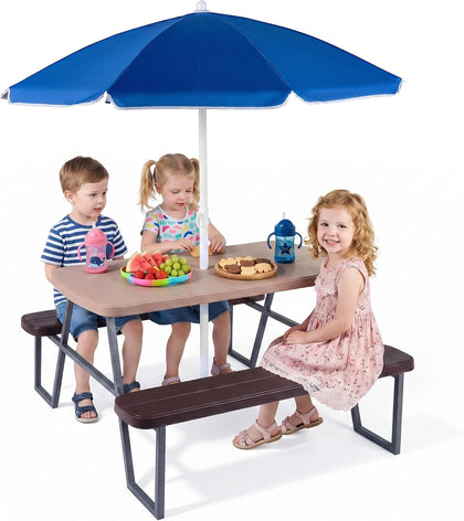Kids Picnic Table, Toddler Outdoor Table & Bench Set with Removable Umbrella, HDPE Tabletop, Metal Frame, Kids