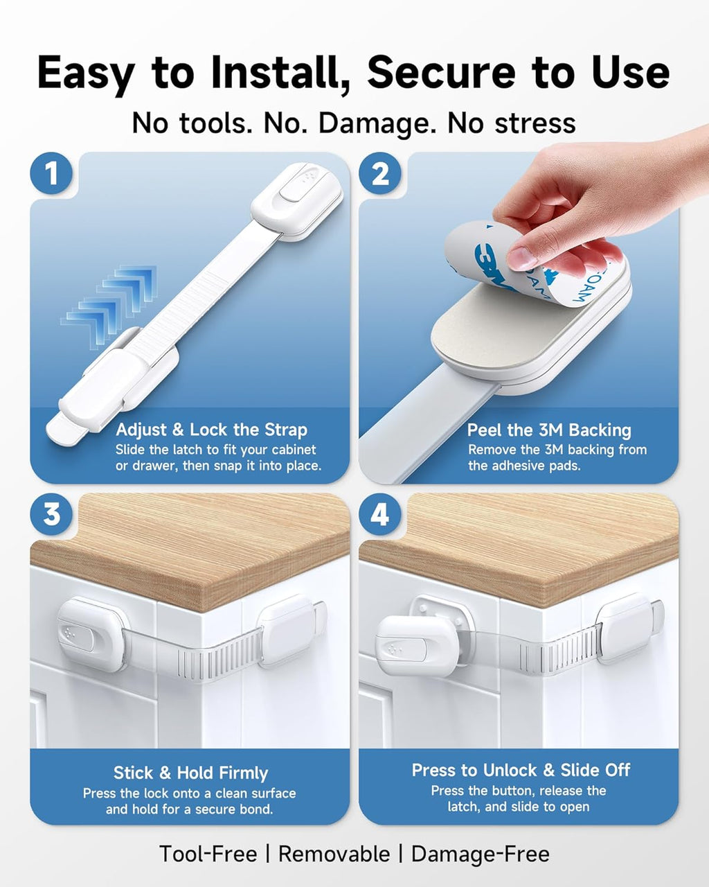 12 Pack Cabinet Locks Baby Proofing Heavy Duty - Child Safety Cabinet Locks for Drawers, Cupboards & Fridge – No