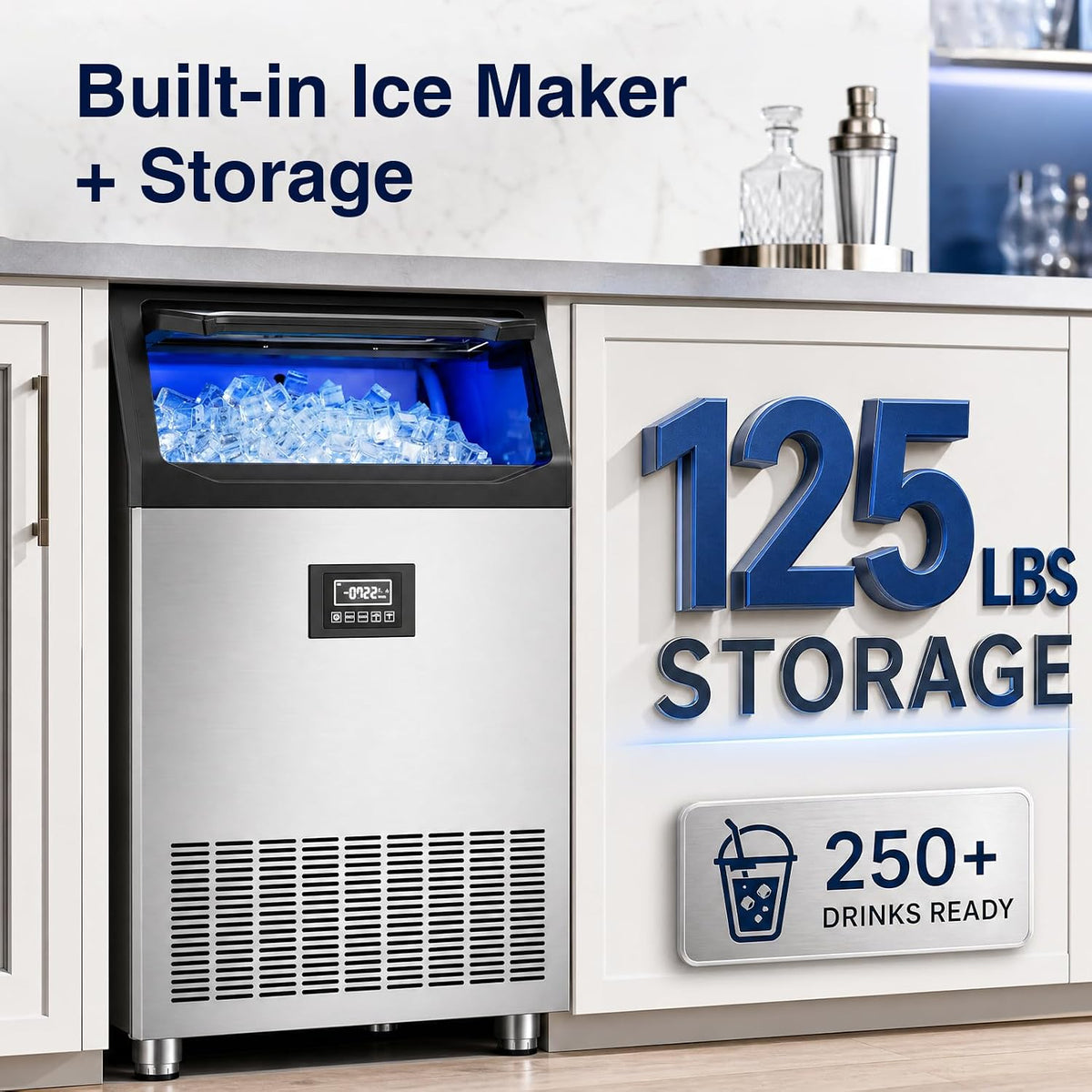 Commercial Ice Maker Machine, 500Lbs/24H Ice Machine, 125LBS Large Storage