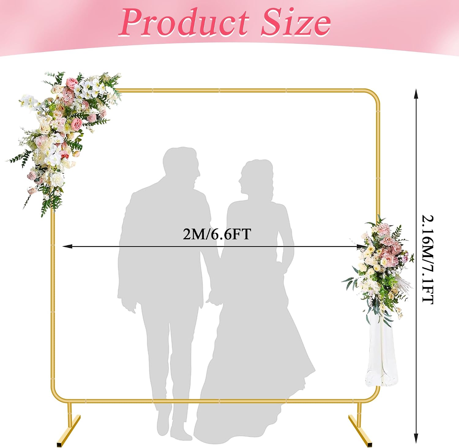 Metal Wedding Arch Backdrop Stand for Parties 6.6FT Gold Balloon Arch Square Frame Kit Pipe and Drape Stand Floral