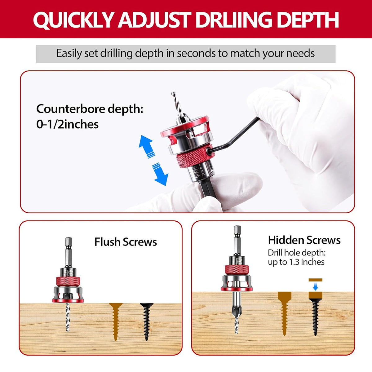 Countersink Drill Bit Set with Adjustable Depth Stop, 5PCS TCT Cutters