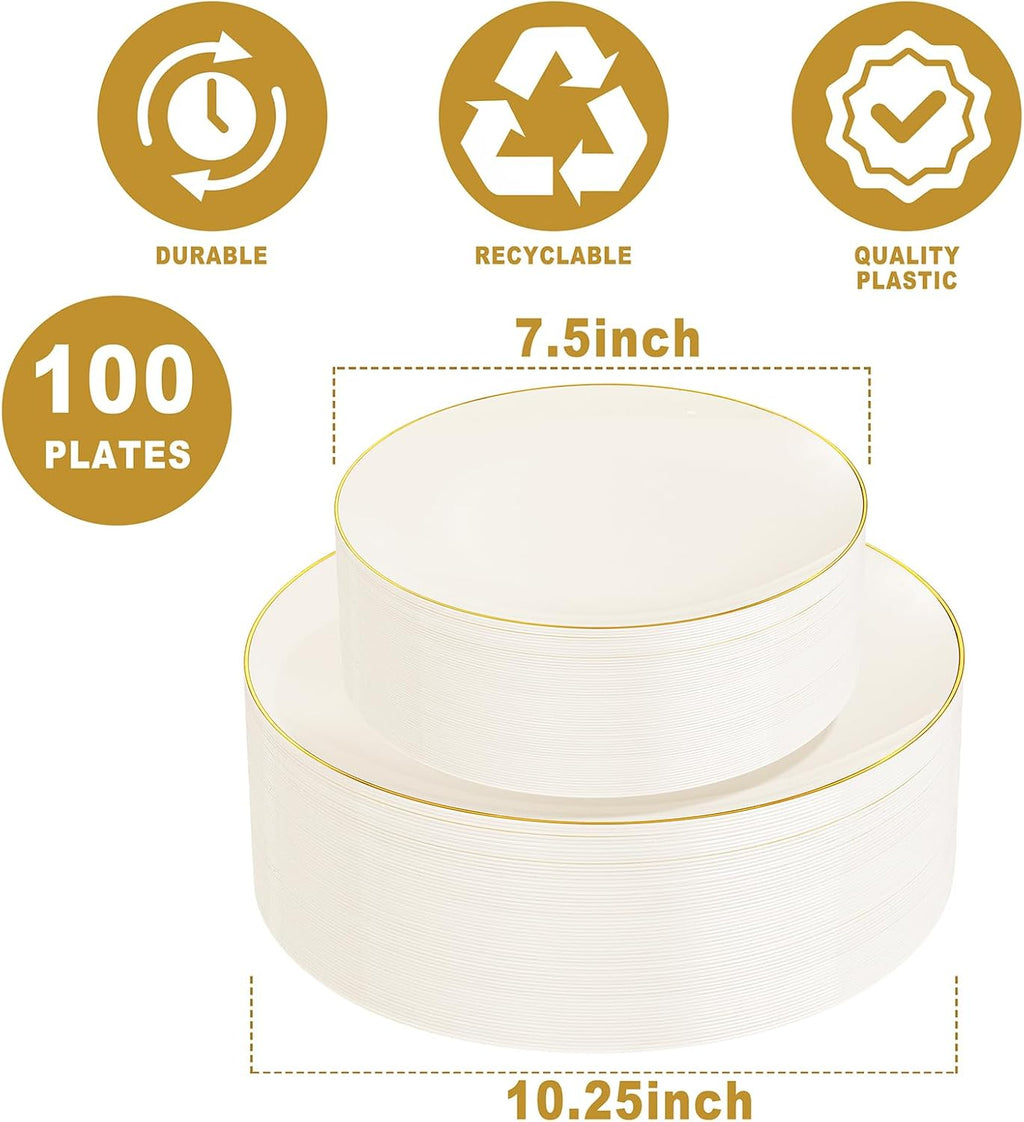 100PCS Ivory Plastic Plates - Cream Plastic Disposable Heavy Duty for Party & Wedding - Include 50 Each (Dinner &