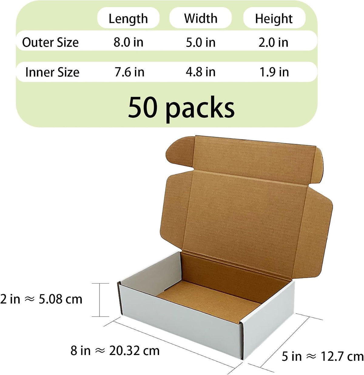 White Shipping Boxes 8x5x2 inch 50 Pack,Corrugated Mailers for E-Commerce