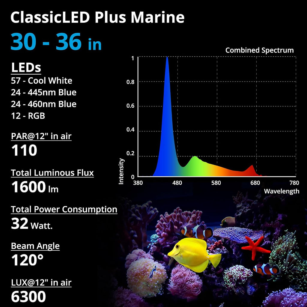 32W Saltwater Aquarium Light, Marine LED Reef Light for Corals, Programmable Timer Controller, 30 to 36-Inch