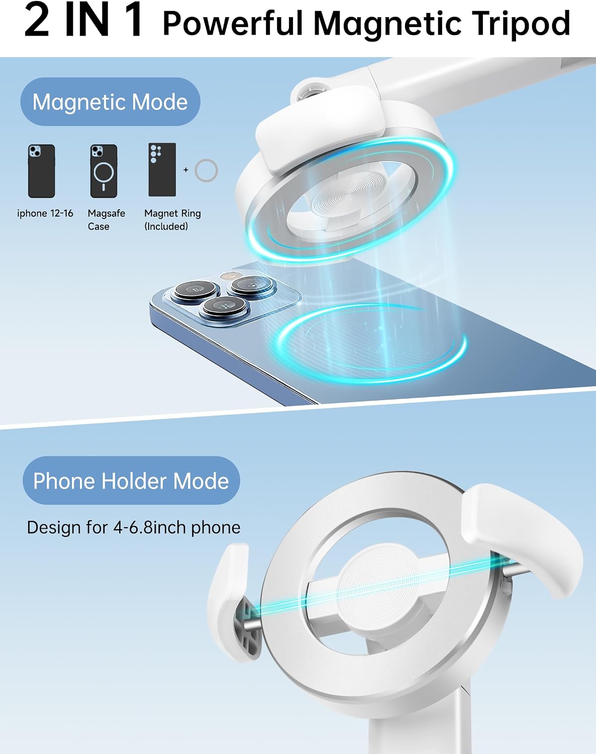 70" Magnetic Tripod for iPhone Magsafe, Extendable Selfie Stick Tripod | Rechargeable Remote & Magnetic Holder, 360°