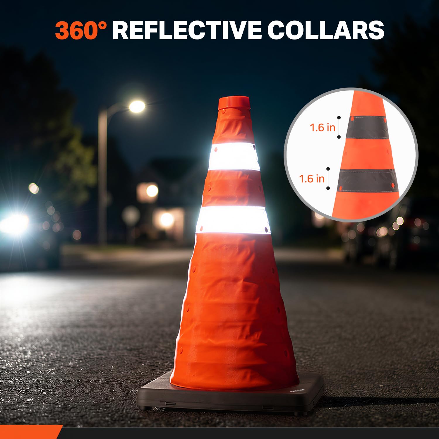 18 inch Collapsible Traffic Safety Cones Orange Plastic Base 2 Pack | Collapsible folds flat, reflective strips