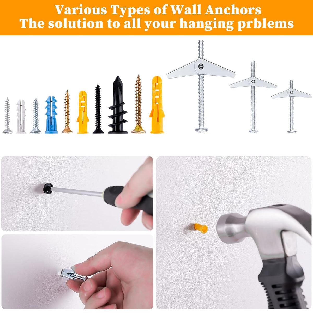 Drywall Anchors Assortment Kit With Self Drilling Wall Anchors and Heavy Duty Toggle Bolts, Metal/Plastic Dry Wall