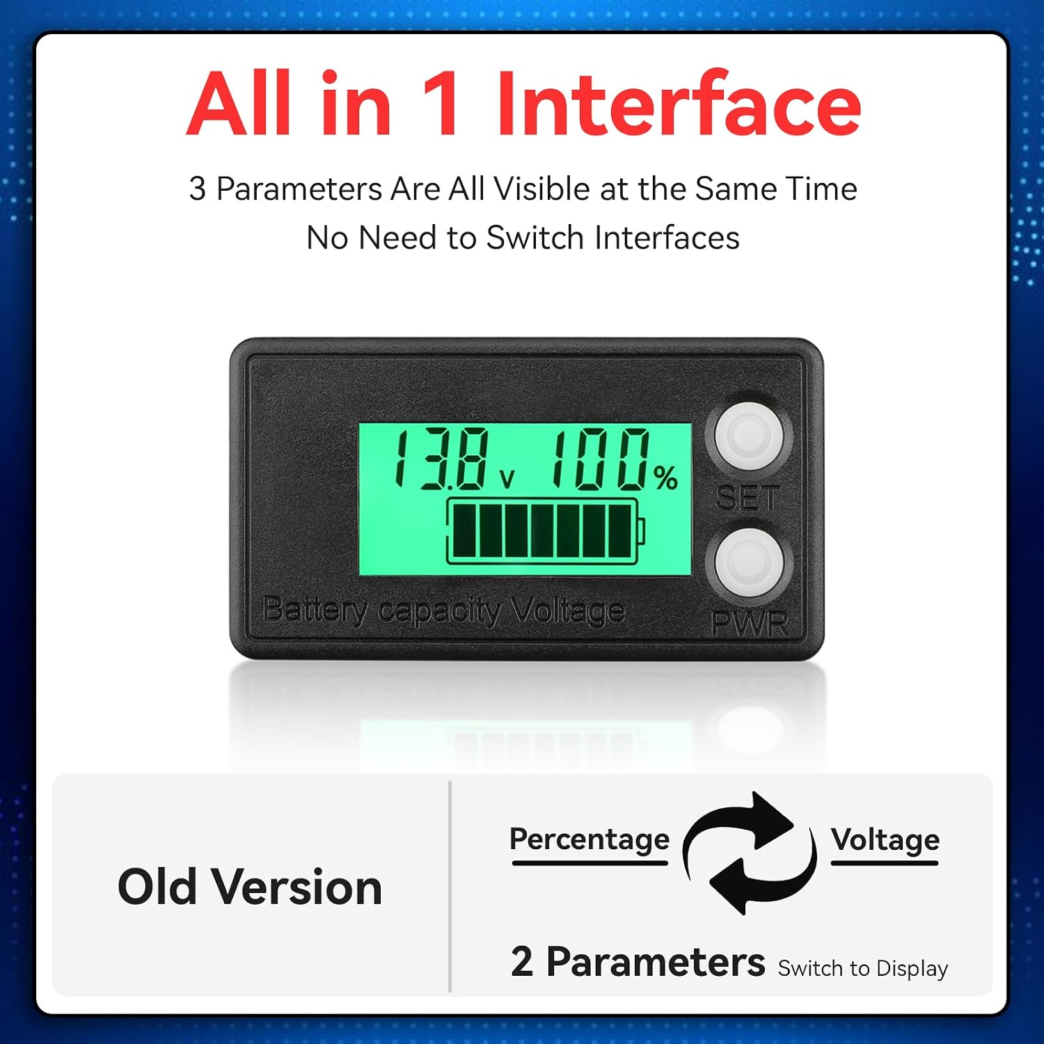 Waterproof Battery Monitor 12V 24V 36V 48V 72V Battery Meter 8-100V, Capacity Tester LCD Display with Green