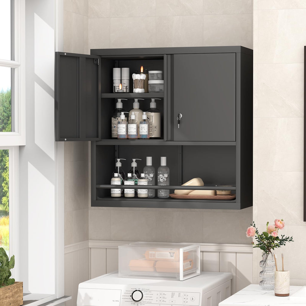 Locking Metal Wall Mounted Garage Storage Cabinet with Doors and Shelves